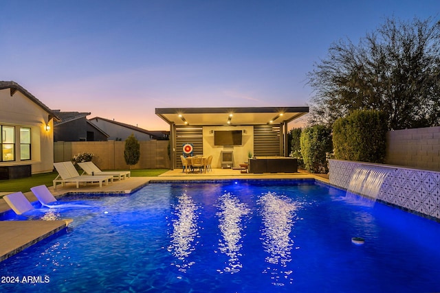 view of pool with a fenced in pool, a patio, ceiling fan, a fenced backyard, and outdoor lounge area