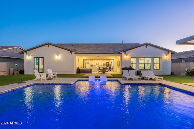 outdoor pool featuring an outdoor hangout area, a patio, fence, and a ceiling fan