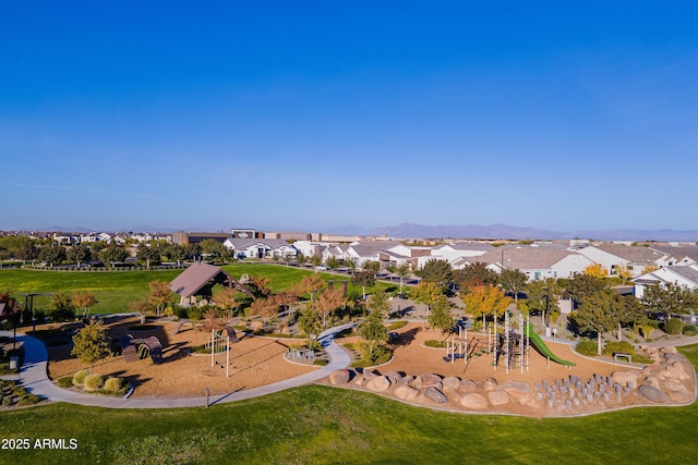 bird's eye view featuring a mountain view and a residential view