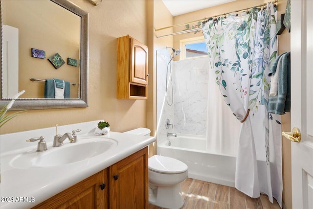 full bathroom with toilet, vanity, hardwood / wood-style floors, and shower / bathtub combination with curtain