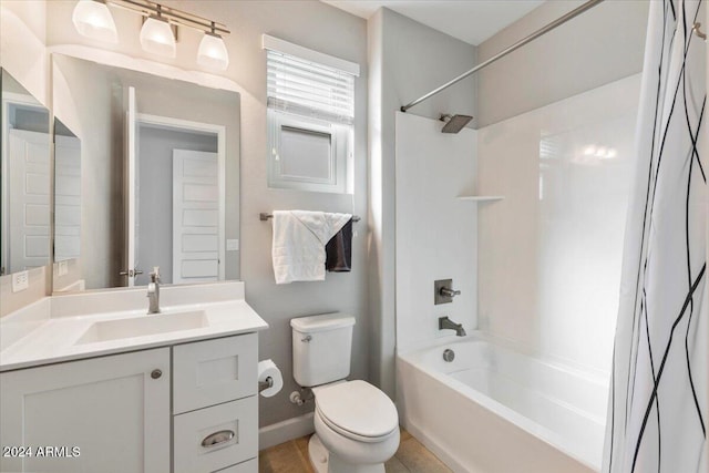 full bathroom with shower / bath combination with curtain, vanity, toilet, and tile patterned floors