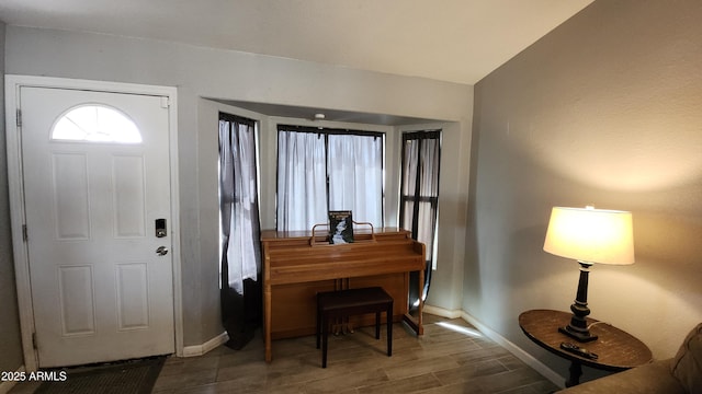 foyer with baseboards and wood tiled floor