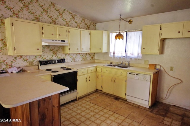 kitchen featuring premium range hood, vaulted ceiling, white appliances, tile floors, and sink