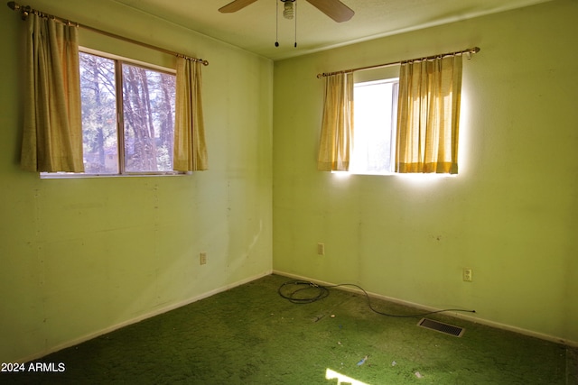 carpeted empty room with ceiling fan and a healthy amount of sunlight