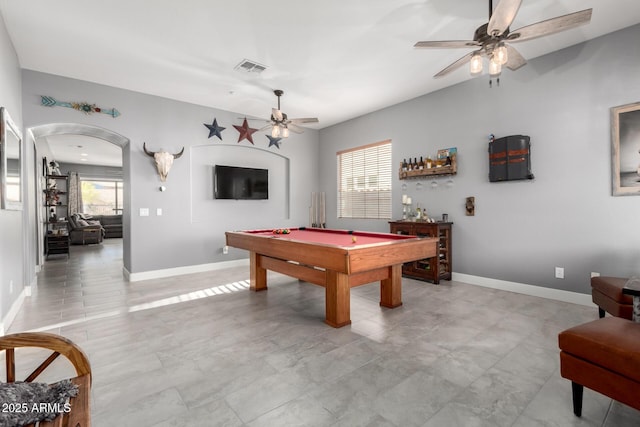 12798 W Dove Wing Way, Peoria, AZ 85383 - rec room featuring ceiling fan, baseboards, arched walkways, and pool table