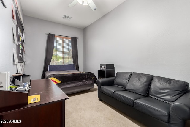 12798 W Dove Wing Way, Peoria, AZ 85383 - bedroom with light colored carpet, vaulted ceiling, ceiling fan, and a desk