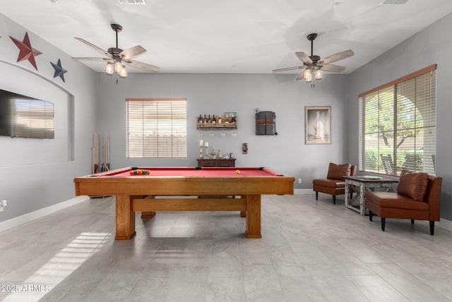 12798 W Dove Wing Way, Peoria, AZ 85383 - recreation room with a ceiling fan, billiards table, baseboards, and light tile patterned floors