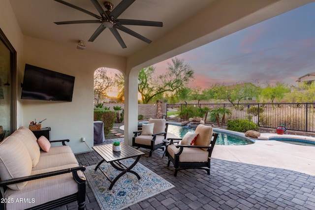12798 W Dove Wing Way, Peoria, AZ 85383 - view of patio featuring outdoor lounge area, a fenced backyard, and ceiling fan