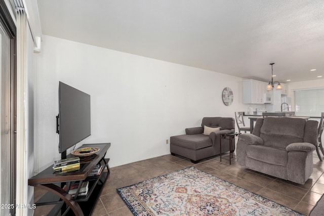 living room featuring dark tile patterned floors