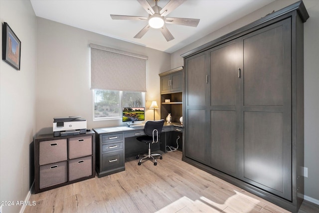 office space featuring ceiling fan and light hardwood / wood-style floors