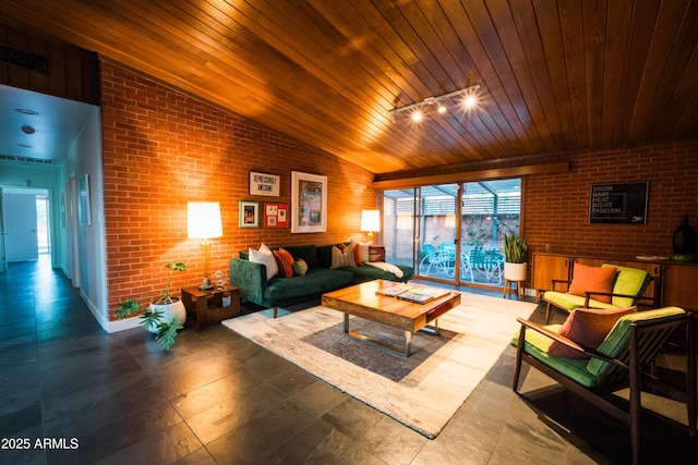 712 W Vernon Ave, Phoenix, AZ 85007 - living area featuring wood ceiling, visible vents, lofted ceiling, and brick wall