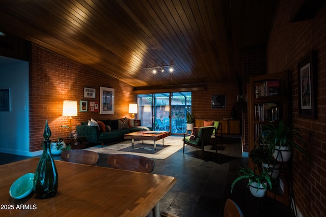 712 W Vernon Ave, Phoenix, AZ 85007 - living area featuring brick wall, wooden ceiling, and vaulted ceiling