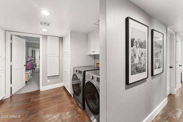 4392 W Charro Ln, Yuma, AZ 85365 - laundry room with cabinet space, washing machine and clothes dryer, baseboards, recessed lighting, and dark wood-type flooring