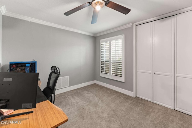 4392 W Charro Ln, Yuma, AZ 85365 - home office featuring carpet flooring, crown molding, baseboards, and ceiling fan