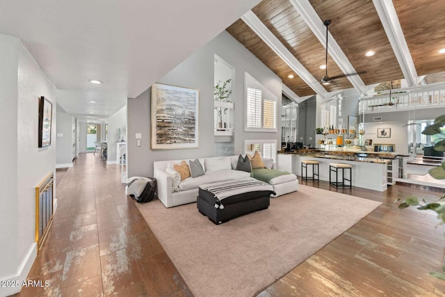 4392 W Charro Ln, Yuma, AZ 85365 - living room with plenty of natural light, wooden ceiling, recessed lighting, a ceiling fan, and wood finished floors