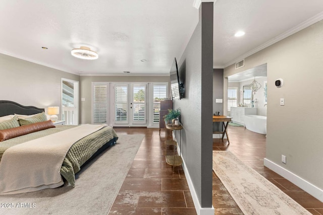 4392 W Charro Ln, Yuma, AZ 85365 - bedroom featuring access to outside, crown molding, baseboards, and french doors