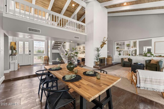 4392 W Charro Ln, Yuma, AZ 85365 - dining room with high vaulted ceiling, wood ceiling, stairs, and beam ceiling