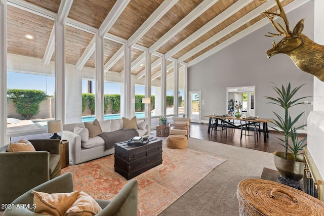 4392 W Charro Ln, Yuma, AZ 85365 - living room with beamed ceiling, wooden ceiling, high vaulted ceiling, wood finished floors, and carpet