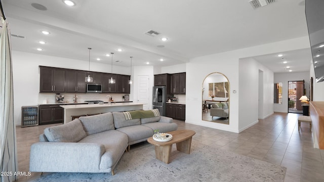 living room with beverage cooler