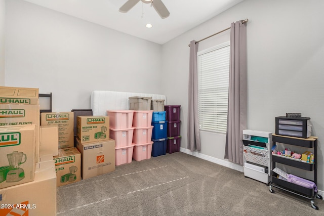 storage area featuring ceiling fan