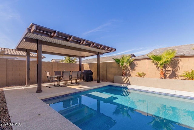 view of pool featuring grilling area and a patio area