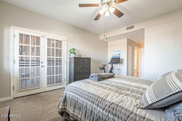 bedroom with baseboards, visible vents, carpet floors, ceiling fan, and access to exterior