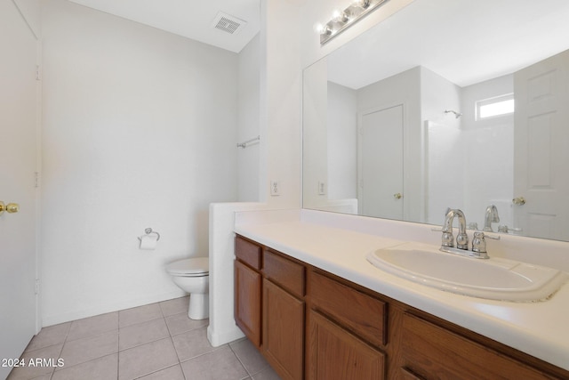 bathroom featuring tile patterned floors, walk in shower, vanity, and toilet