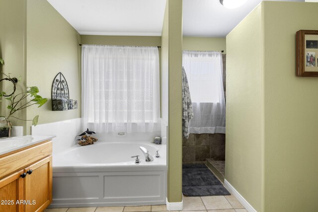 7300 Butte Vis, Prescott Valley, AZ 86315 - full bathroom featuring tile patterned flooring, vanity, baseboards, tiled shower, and a bath