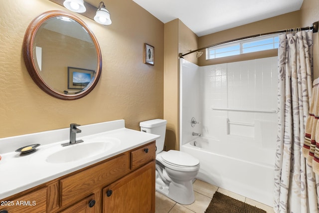 7300 Butte Vis, Prescott Valley, AZ 86315 - bathroom featuring toilet, vanity, shower / tub combo, tile patterned flooring, and a textured wall