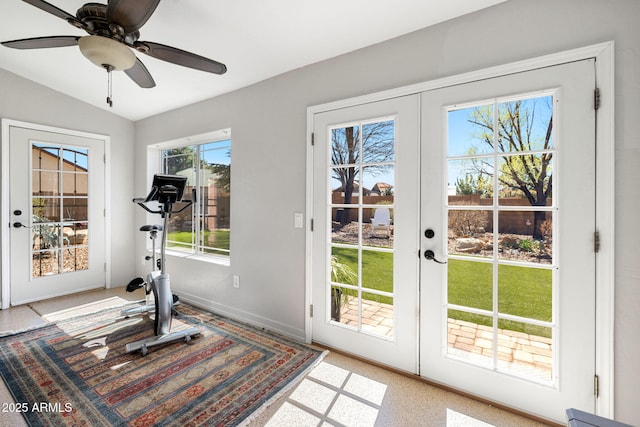 7300 Butte Vis, Prescott Valley, AZ 86315 - exercise area with baseboards, vaulted ceiling, ceiling fan, and french doors