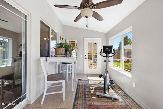 7300 Butte Vis, Prescott Valley, AZ 86315 - workout area featuring a ceiling fan, baseboards, and lofted ceiling
