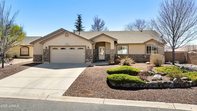 7300 Butte Vis, Prescott Valley, AZ 86315 - single story home featuring stucco siding, an attached garage, stone siding, and concrete driveway