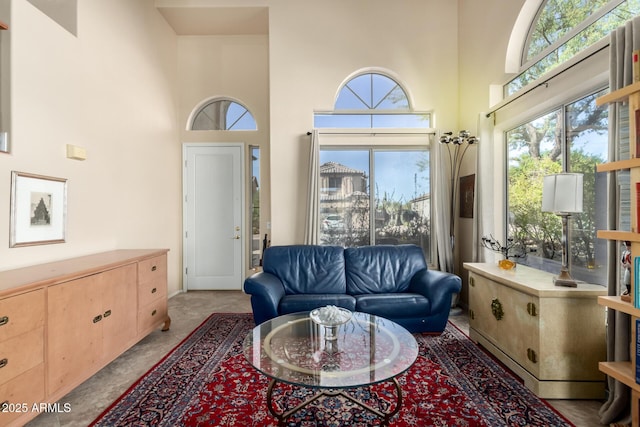 living room featuring a healthy amount of sunlight and a towering ceiling