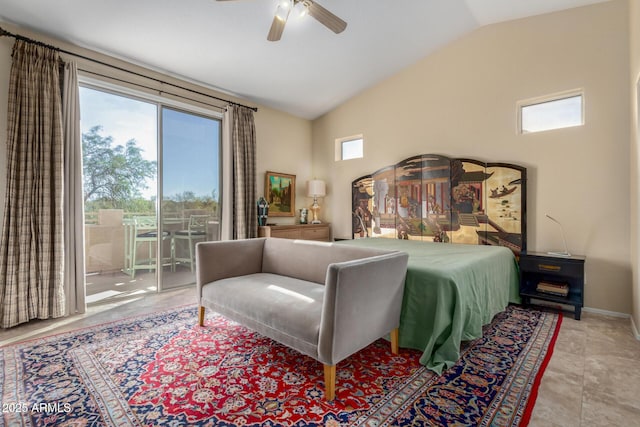 bedroom featuring lofted ceiling, access to outside, and ceiling fan