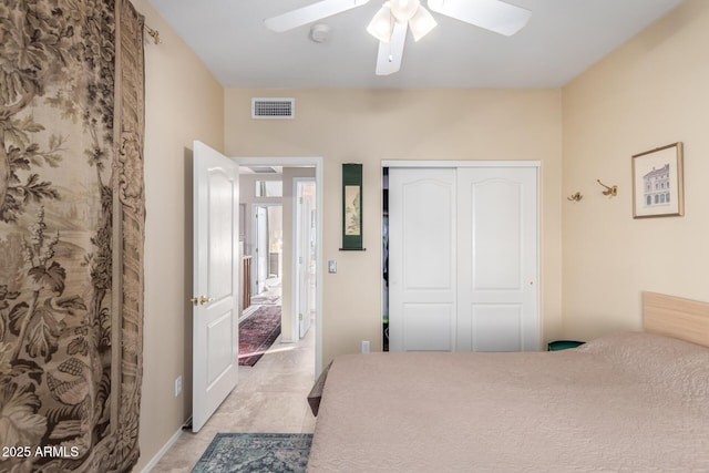 bedroom with ceiling fan and a closet