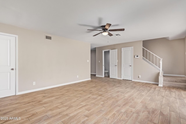 unfurnished living room with ceiling fan and light hardwood / wood-style flooring