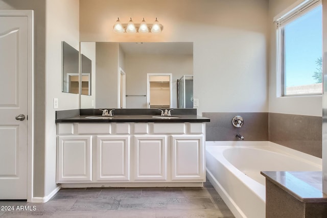 bathroom with plus walk in shower, vanity, and wood-type flooring