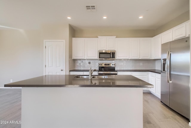 kitchen featuring backsplash, a kitchen island with sink, sink, appliances with stainless steel finishes, and white cabinetry