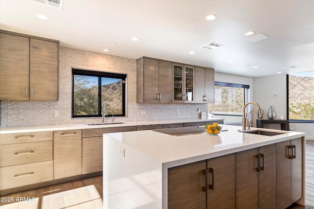 kitchen with light wood-type flooring, sink, a center island with sink, and backsplash