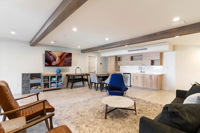 tiled living room with beam ceiling and wet bar