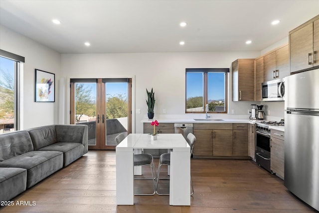 kitchen with sink, dark wood-type flooring, plenty of natural light, stainless steel appliances, and a kitchen bar