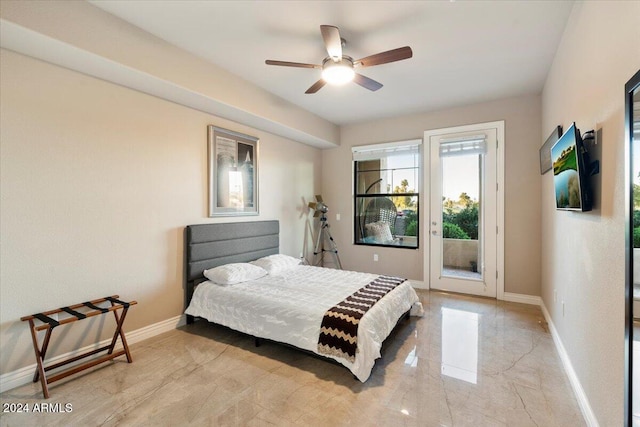 bedroom featuring ceiling fan and access to outside