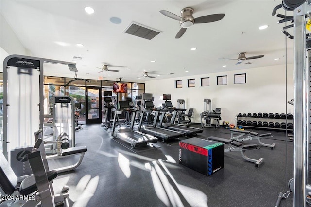 gym with floor to ceiling windows