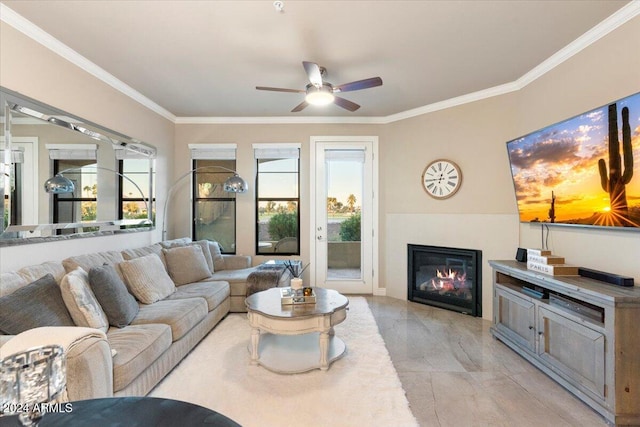 living room featuring crown molding and ceiling fan