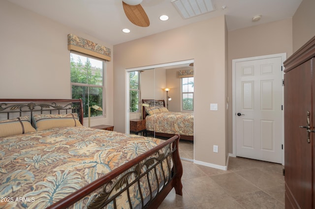 bedroom with a closet, baseboards, recessed lighting, and visible vents