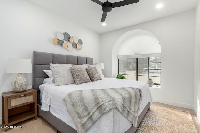 bedroom with recessed lighting, baseboards, and a ceiling fan