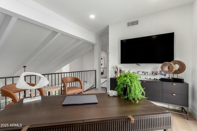 living area featuring recessed lighting, visible vents, and vaulted ceiling with beams