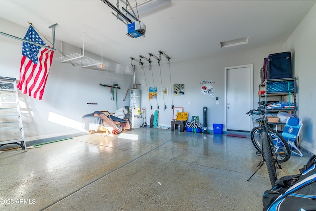 garage with secured water heater, baseboards, and a garage door opener