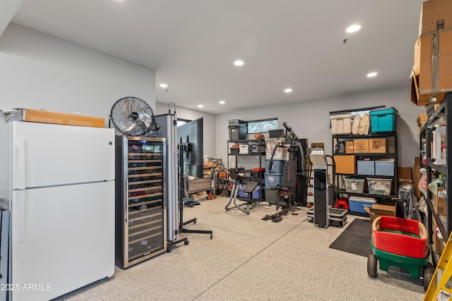 exercise room with beverage cooler