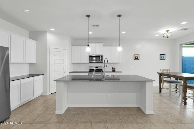 kitchen with appliances with stainless steel finishes, sink, a center island with sink, decorative light fixtures, and white cabinets